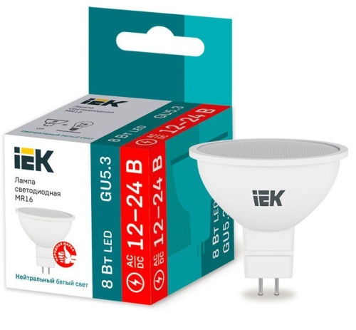 Лампа светодиодная MR16 софит 8Вт 12-24В 4000К GU5.3 (низковольтная) | код LLE-MR16-08-12-24-40-GU5 | IEK
